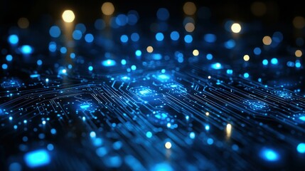 Wall Mural - glowing blue circuit board with golden highlights