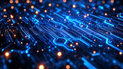 Wall Mural - glowing blue electronic circuit board with orange dots