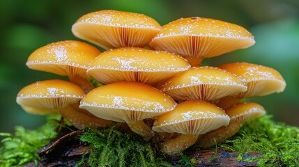 Wall Mural - Golden mushrooms cluster on mossy log