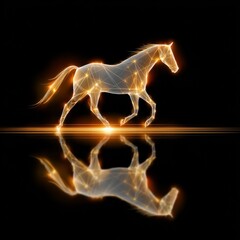 Poster - Ethereal Gallop: A Glowing, Low-Poly Horse Runs Across a Mirrored Surface Amidst the Dark, a Symbol of Grace and Digital Artistry.