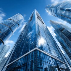 Poster - Looking up at the gleaming glass skyscrapers against a vibrant blue sky filled with wispy clouds: A modern cityscape.