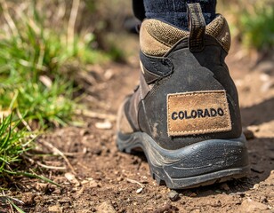 close-up of hiking boot with colorado patch on dirt path