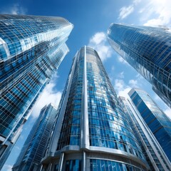 Poster - Skyscrapers Reaching for the Sky: A low-angle view of modern glass buildings reflecting the blue sky on a sunny day.