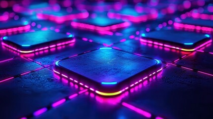 Wall Mural - neon-lit, interconnected, glowing square forms on dark surface