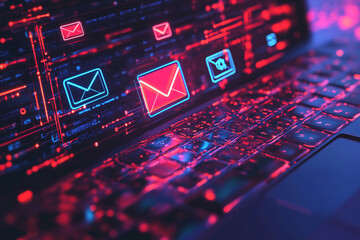 Wall Mural - neon glowing email icons on laptop screen digital security concept