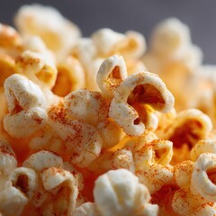 Poster - Close-up popcorn with a reddish seasoning sprinkled over. Soft, white kernels and a light, inviting texture make it an appealing snack.
