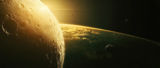 Wall Mural - Golden sunrise over a planet in outer space