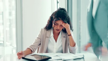 Poster - Business woman, headache and overwhelmed with staff, paperwork or stress for deadline with pain at office. Person, manager and crisis for time management, admin or tired with finance review at agency