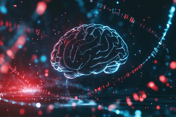 Wall Mural - digital brain glowing in vibrant blue and red hues surrounded by data streams