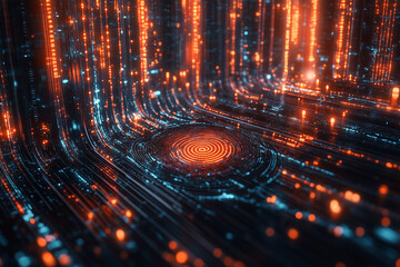 Wall Mural - abstract digital data flow glowing orange and blue lines swirling in a dark space
