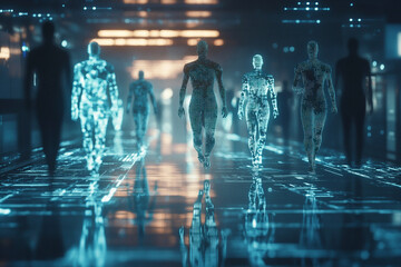Wall Mural - digital humans walking futuristic city glowing pathway