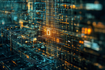 Wall Mural - abstract digital network glowing orange and teal data security system