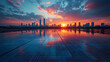 © badrunt - City skyline at sunset reflected on solar panels.