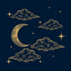 starry magic night sky background. bright golden moon, stars, clouds and constellations wallpaper. s