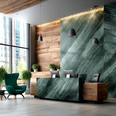 Poster - Elegant Reception Area with Green Marble Desk, Wood Accents, and Lush Greenery in a Modern Interior