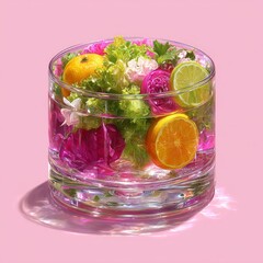 Poster - Vibrant Citrus and Greens: A Refreshing Arrangement in a Glass Bowl on Soft Pink Background with Eye-Catching Light Play