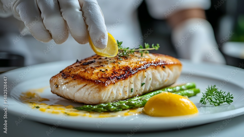 Chef plating grilled fish with lemon sauce and asparagus on clean ...
