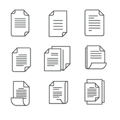 Collection of various document icons with text lines and folded corners on isolated background
