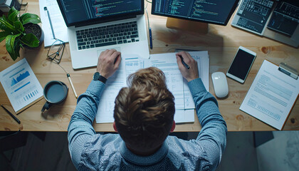 Coding Late Into Night: An overhead view captures a coder deeply engaged, surrounded by laptops, code, paperwork, and a steaming mug, the ambient lighting hinting at the late hour and dedication.