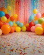© Skoles - Bright and colorful balloon decoration with confetti in a vibrant party setting ideal for celebrations and gatherings