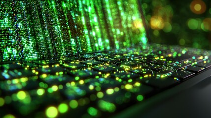 Wall Mural - laptop screen shows code, with green, glowing keyboard