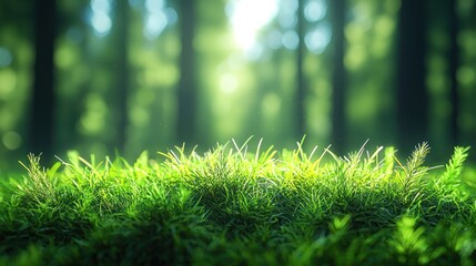 Wall Mural - Lush green grass under dappled sunlight in a forest scene