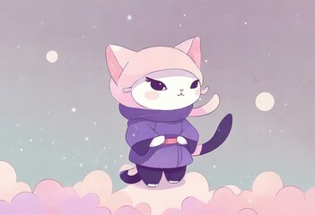  Image Cute ninja cat character design in minimalist chibi style, simple background