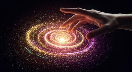 Wall Mural - Hand reaching towards a glowing spiral of light on a dark background art