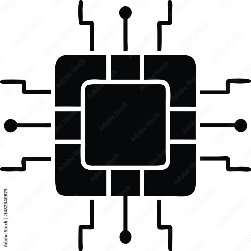 Simplified computer chip shows central square shape and connection lines on transparent background