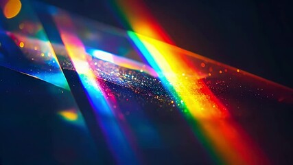Light diffraction through prisms creates vibrant colors in a mesmerizing display with dark background. Ideal for projects related to light, science, art, or abstract visuals