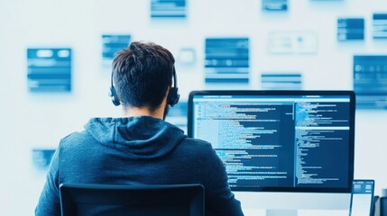 Concentrated software developer working on computer code at desk in modern office