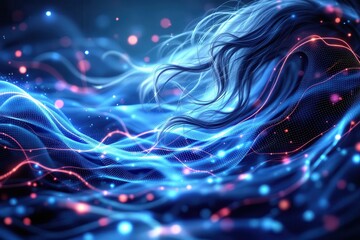 Leinwandbilder - Hair Care Technology Concept. Digital abstract waves with glowing elements in blue and pink hues.