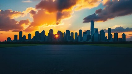 Wall Mural - asphalt square road featuring a sunset
