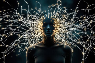 Fototapete - Hair Care Technology Concept. Woman with glowing light strands resembling hair in a dark setting.