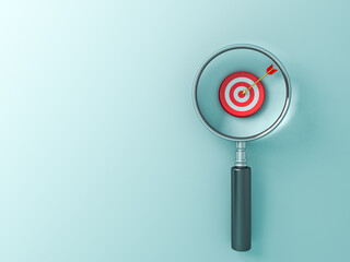Poster - Magnifying glass focus on goal target dartboard market business creative idea concepts isolated on cyan green blue mint pastel color background with blank space shadow minimal conceptual 3D rendering