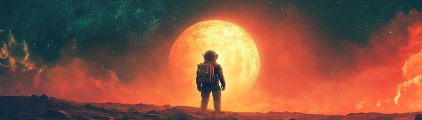 Wall Mural - Astronaut exploring cosmic landscape under a fiery star digital art sci-fi outer space adventure and discovery