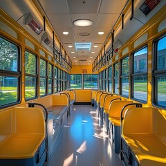 Wall Mural - Bus interior design showcase urban setting photography bright environment wide angle modern concepts