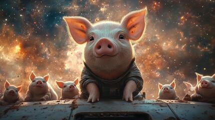 Wall Mural - Cosmic adventure of playful pigs space digital art outer space close-up imagination