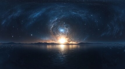 Wall Mural - celestial sunrise over cosmic ocean space digital artwork night sky wide angle awe-inspiring visuals