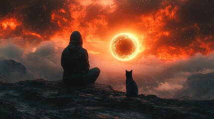 Wall Mural - Eclipse reflection mountain summit digital art atmospheric scene silhouette view journey of discovery