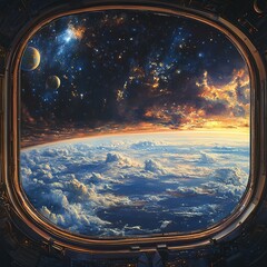Wall Mural - Celestial view of planets and clouds from space station outer space digital art cosmic environment wide angle exploration