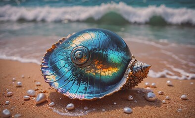 Fototapete - Blue shell is on the beach with a lot of white pebbles. The shell is shiny and has a spiral shape