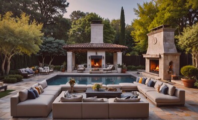 Poster - Large outdoor living space with a pool and a fireplace. The pool is surrounded by a lot of couches and chairs, and there are several potted plants and vases scattered throughout the area. The