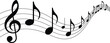 © LailaArtworks - A musical staff with a treble clef and various notes flowing across a white background design element