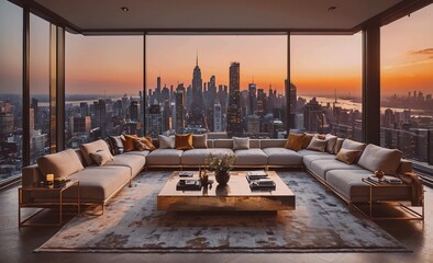 Poster - Large living room with a view of the city skyline. The room is filled with white furniture and a large coffee table. Scene is serene and peaceful, with the beautiful view of the city in the background