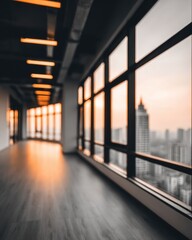 Poster - Interior view of empty office space with large windows overlooking city at sunset from eye level perspective