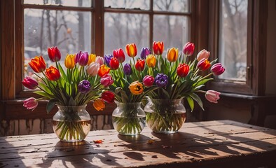 Poster - Three vases of tulips are arranged on a wooden table. The vases are filled with water and the tulips are in full bloom, creating a colorful and vibrant display