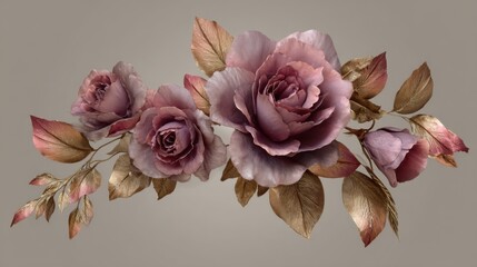 Aufkleber - Elegant Rose Arrangement Still Life Close-Up Shot Featuring Dusty Pink Flowers and Gold Leaves on Neutral Background