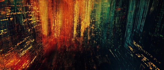 Cybernetic data flow with binary particle gradients and glitch art effects. Modern design asset for AI presentations, coding tutorials, and technology conference visuals.