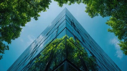 Poster - Low Angle View of Modern Glass Building Reflecting Trees Against Blue Sky in Urban Landscape